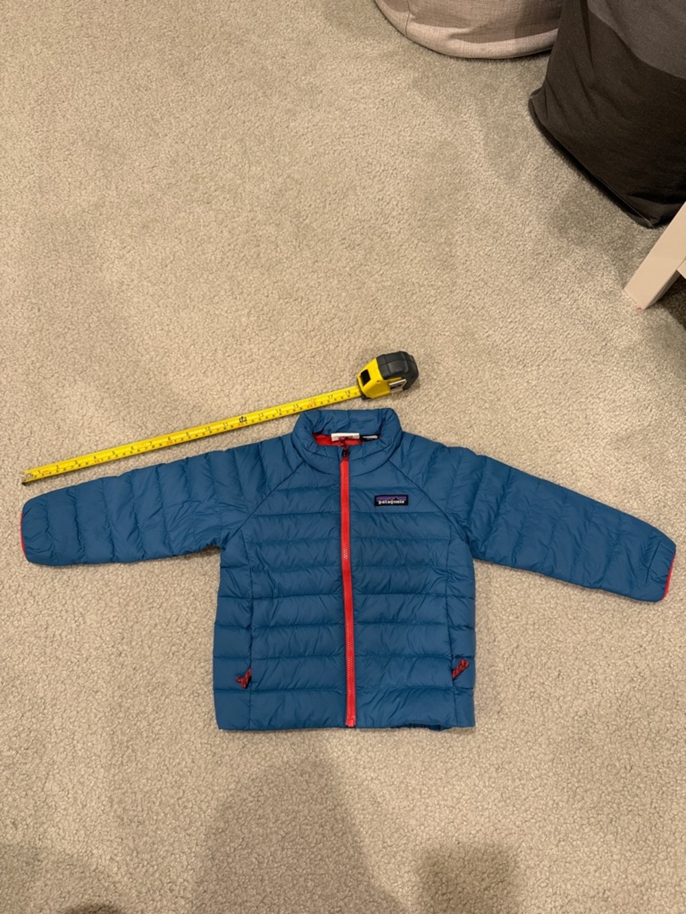 Patagonia Kids baby down sweater Teal Blue Puffer Jacket with Red Trim